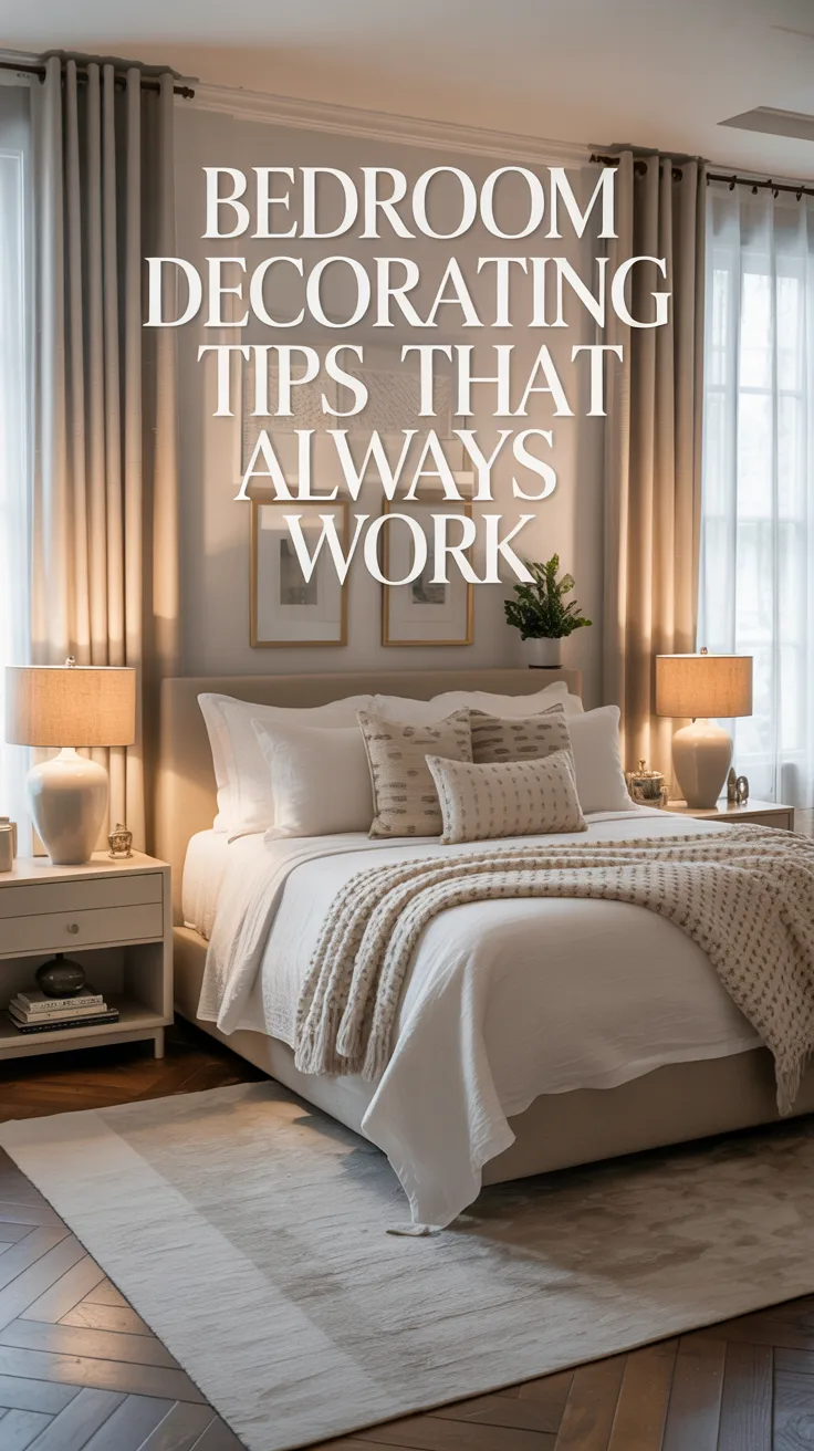 A beautifully styled bedroom with callout-worthy details,  perfectly made layered bed, balanced nightstands, large area rug, tall curtains, warm lighting, clean decor styling, polished and practical layout, realistic interior design photography, universally appealing neutral bedroom, elegant and cozy, tutorial-style inspiration image with strong save appeal, bright soft light and magazine-quality composition