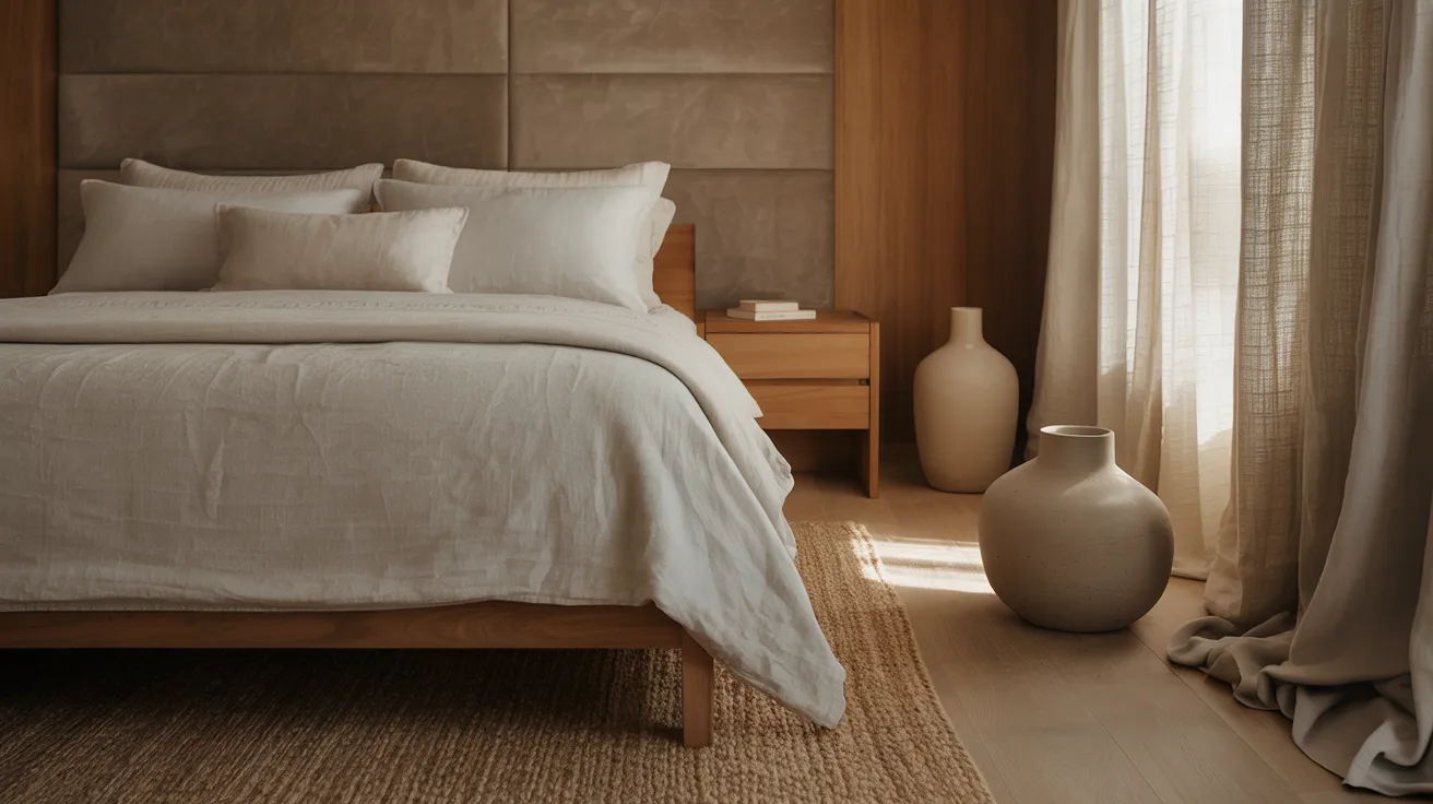 A modern bedroom made warm through material layering, linen bedding, upholstered headboard, natural wood, textured rug, soft curtains, matte ceramic accents, elegant modern styling that feels cozy and livable, balanced and inviting composition