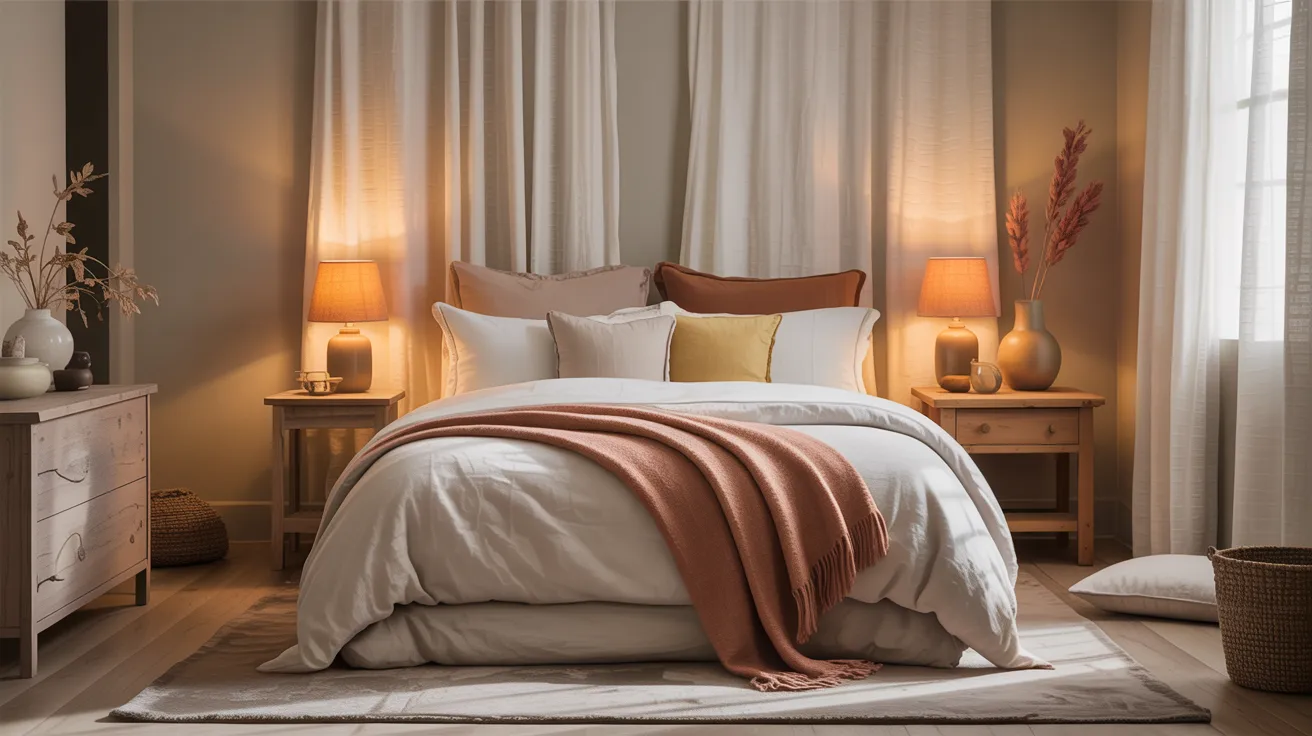 A warm and calming cozy bedroom in soft beige, oat, taupe, muted clay, and creamy white, beautiful layered bed, natural wood furniture, warm lamp glow, textured curtains, plush rug, subtle earthy accents, soft natural light, realistic designer interior photography, peaceful atmosphere, elevated cozy styling, richly layered but uncluttered