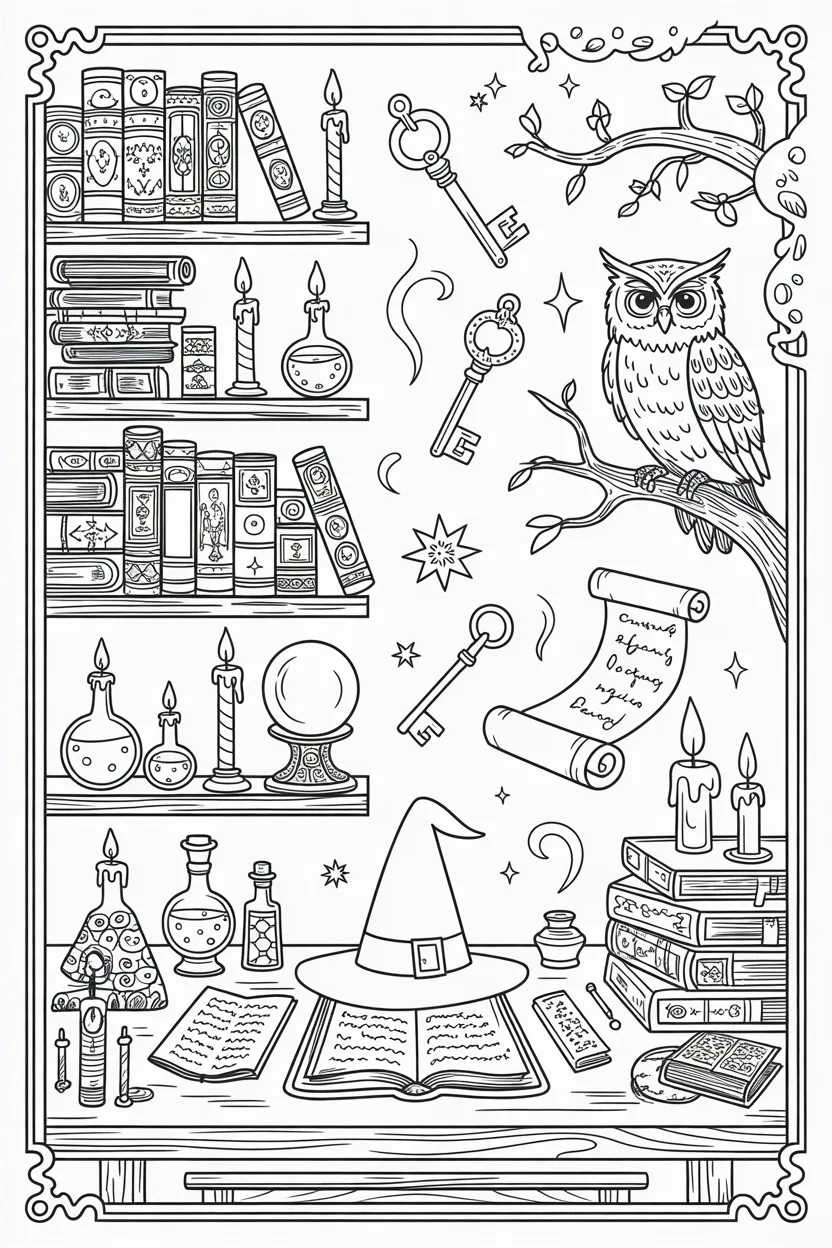 magical wizard study coloring pages