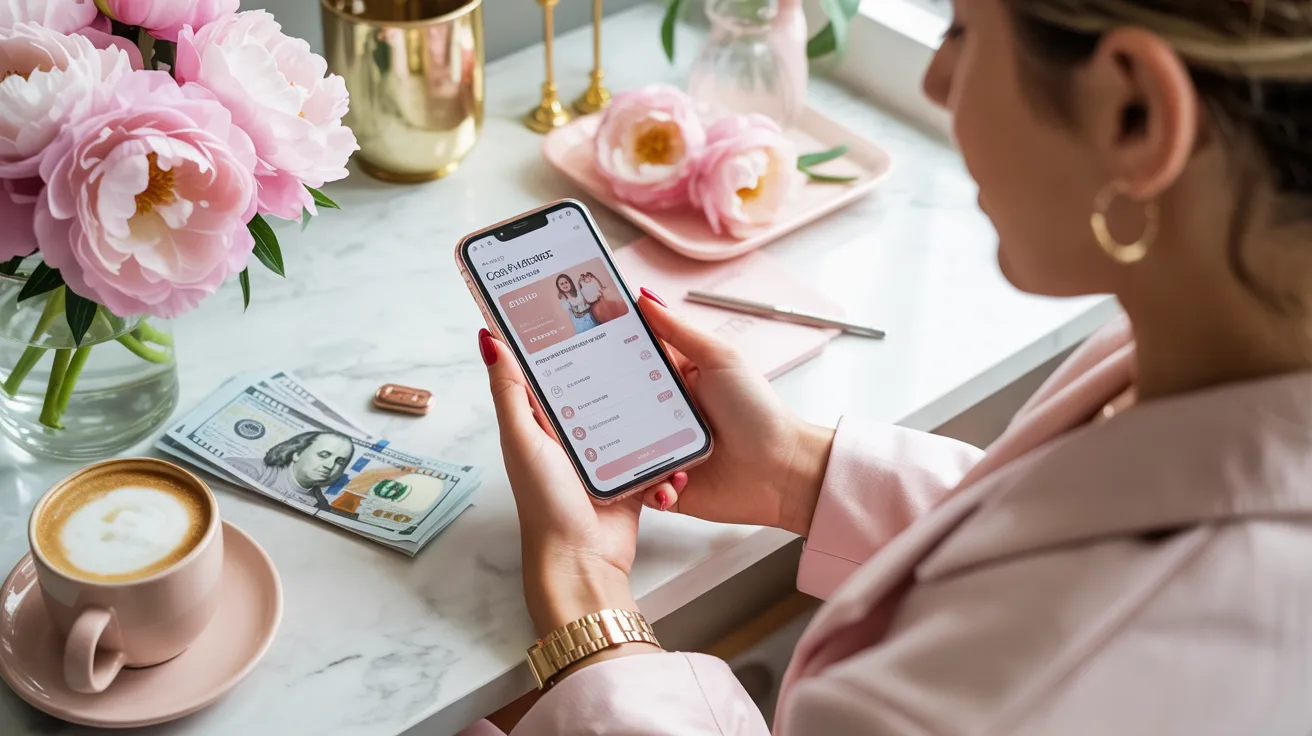 Woman in blush pink checking cash advance app on phone with gold accessories and flowers
