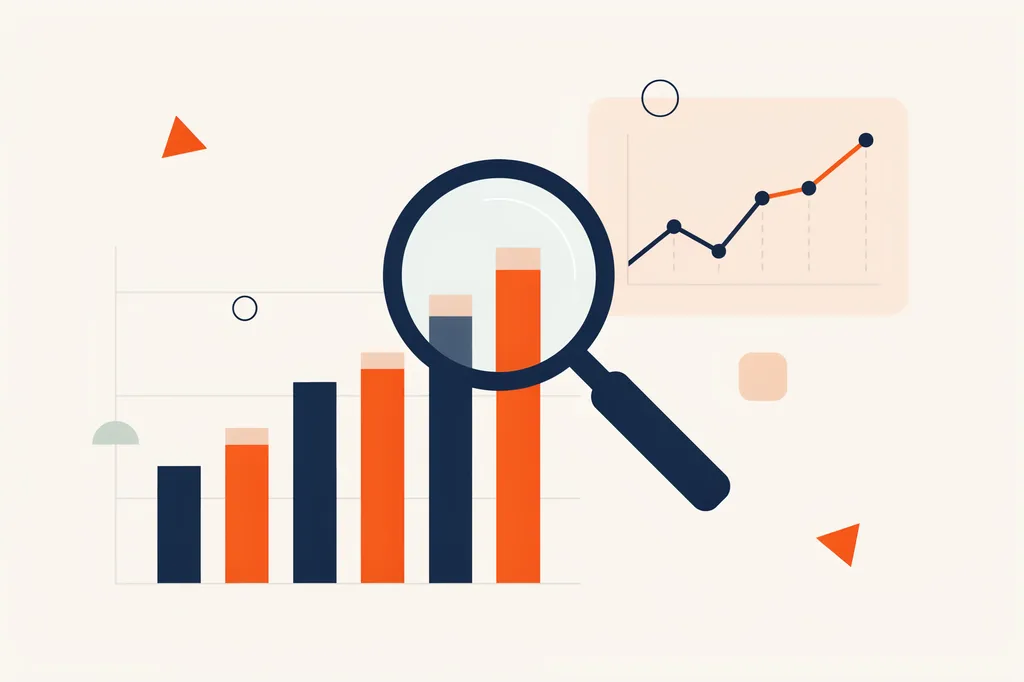 Illustration of an analytics dashboard with rising charts and a magnifying glass over the data