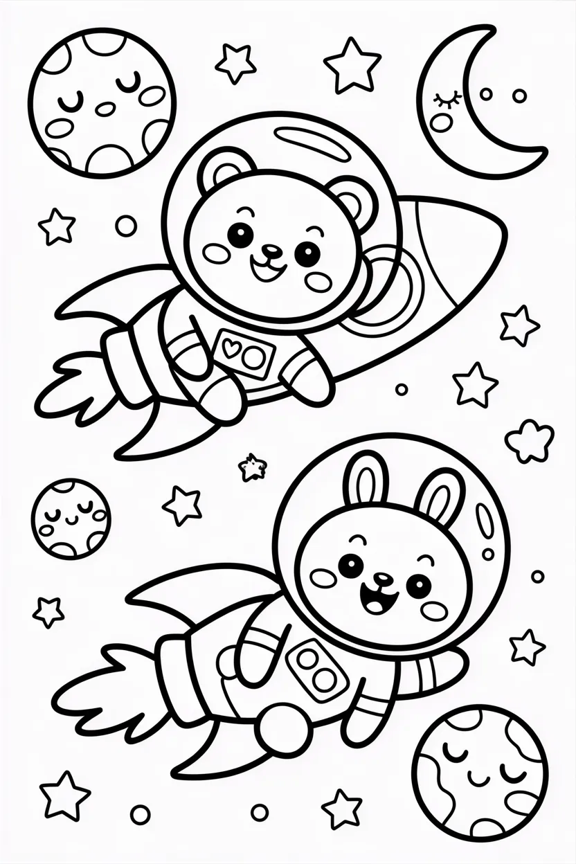 Kawaii animals in space coloring pages free printable