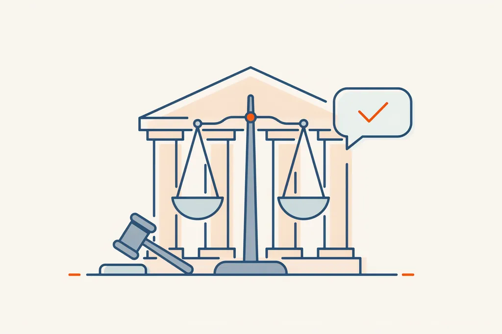 Illustration of scales of justice before a columned building, representing law firm credibility