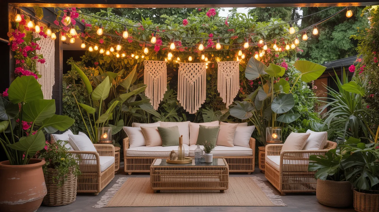 Beautiful spring patio makeover reveal with freshly painted white wrought iron furniture, floral cushions in blush and sage, bistro string lights and blooming potted lavender