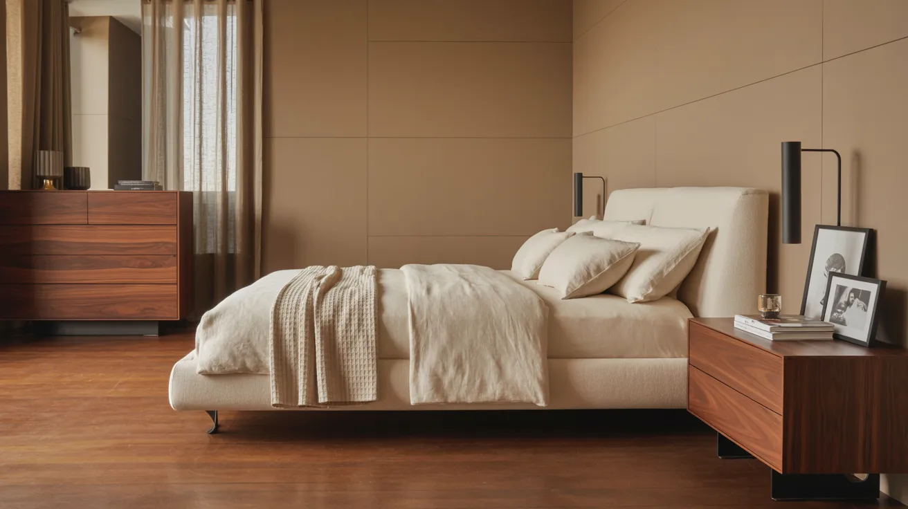A modern bedroom styled in a controlled muted palette, cream bedding, taupe walls, black accents, warm walnut furniture, minimal decor, soft natural light, serene and sophisticated modern bedroom scene