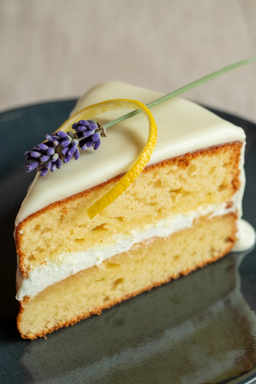 A close-up photograph of a slice of lemon lavender cake on a matte black plate. The cake has two layers of pale yellow sponge cake separated by a thick layer of white cream filling. The top is covered in smooth white ganache frosting that drips slightly down the sides. A fresh sprig of purple lavender and a thin strand of yellow lemon zest garnish the top of the cake. The cake slice is positioned at a slight angle, showing the distinct layers and texture of the cake. The background is a neutral beige color, creating a soft, professional food photography setting. The lighting is bright and even, highlighting the glossy finish of the frosting and the delicate purple color of the lavender.