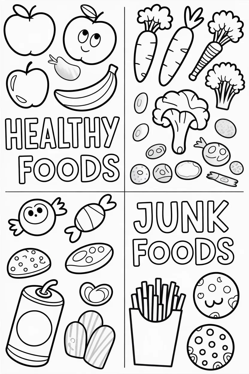 Healthy foods vs junk foods coloring pages free printable