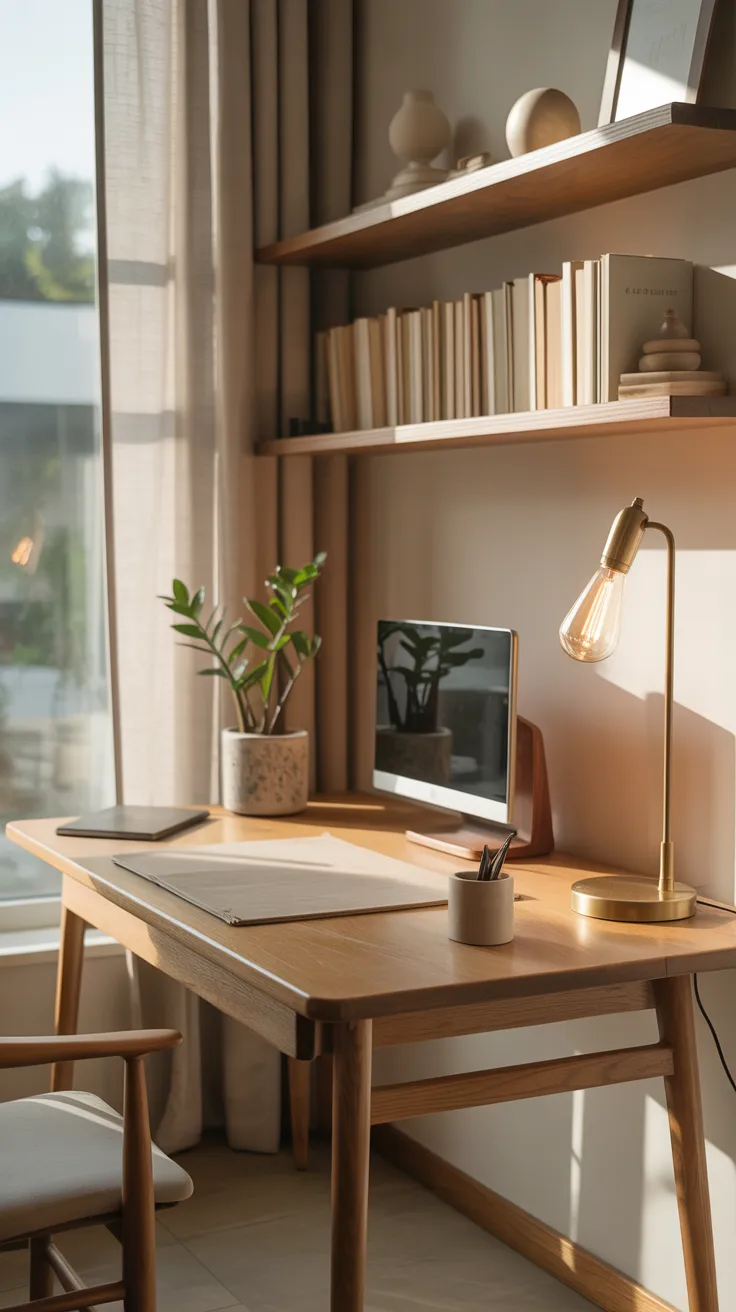 Japandi home office with dark walnut writing desk, cork desk mat, ceramic pen cup, matte black desk lamp, and sumi-e print on white wall.