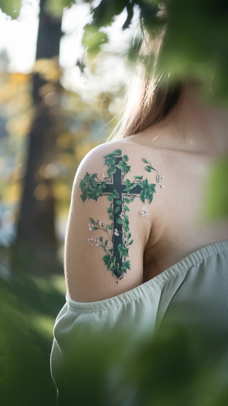 Close-up of a gothic cross tattoo on the shoulder, with realistic green ivy and small white flowers trailing across it. The model is wearing a soft white off-shoulder top. Soft morning light filtering through leaves. Fresh and romantic.