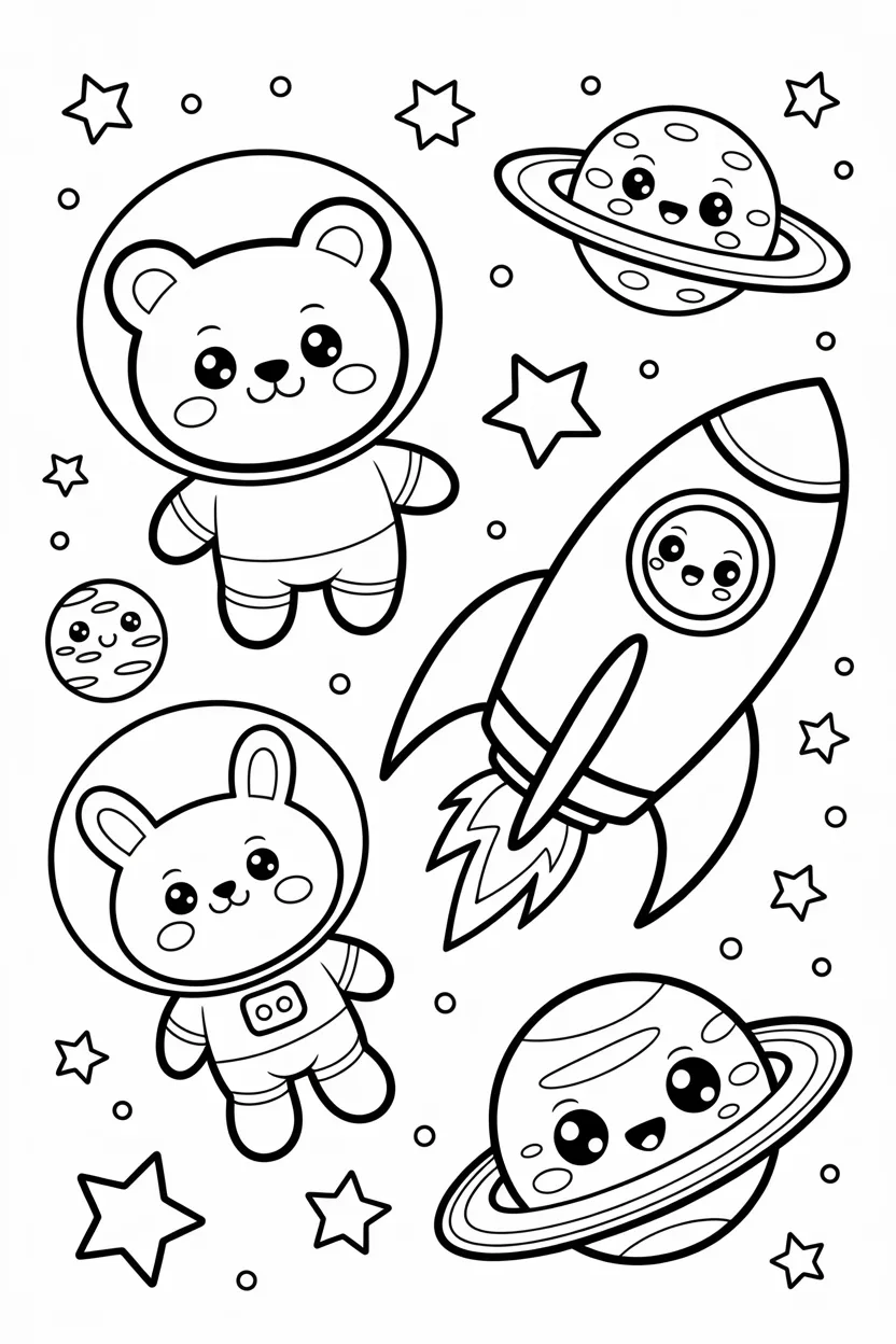Kawaii animals in space coloring pages free printable