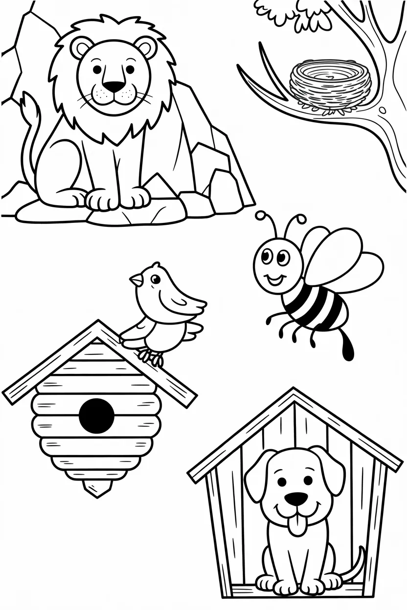 Animal Homes Coloring Pages Kids Printable Worksheet