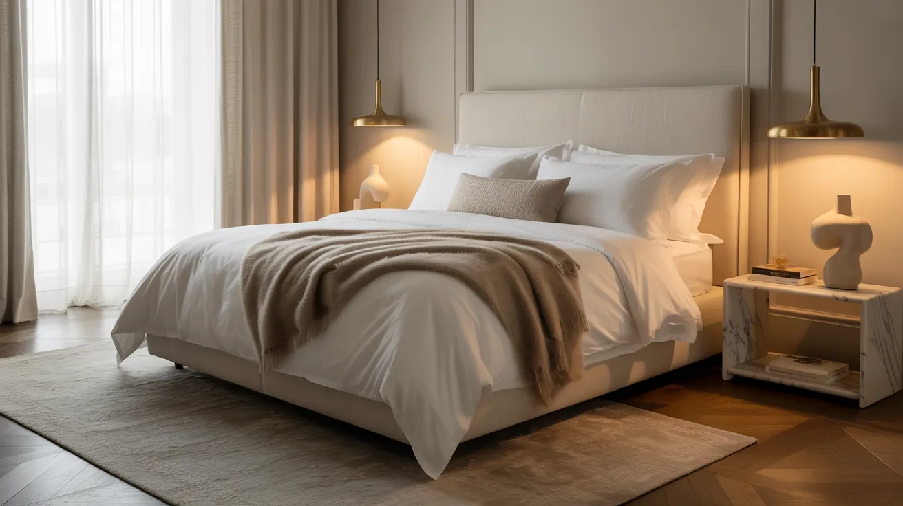 A refined luxury bedroom with tasteful minimal styling, few decorative objects, perfectly styled bed, elegant lighting, muted neutral palette,  quiet sophistication, warm premium textures, designer-level bedroom atmosphere