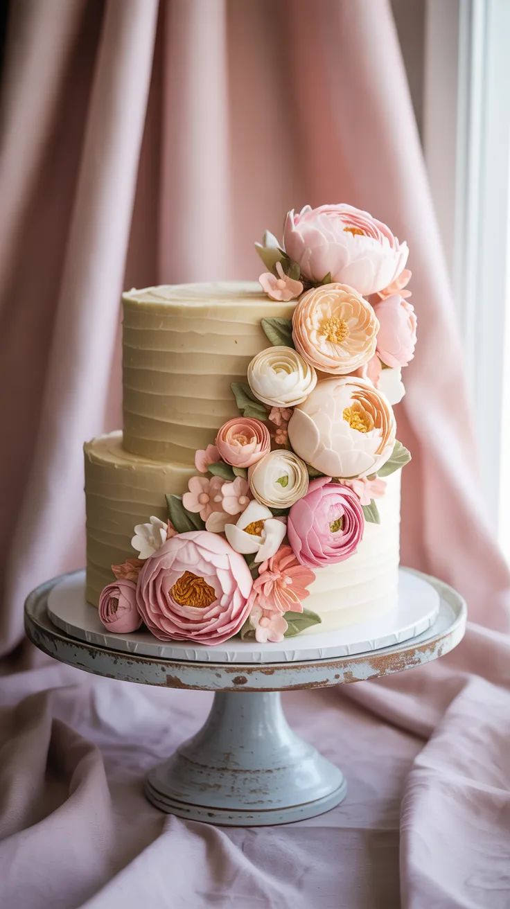 Blush pink floral cascade birthday cake with edible peonies and roses on pedestal stand