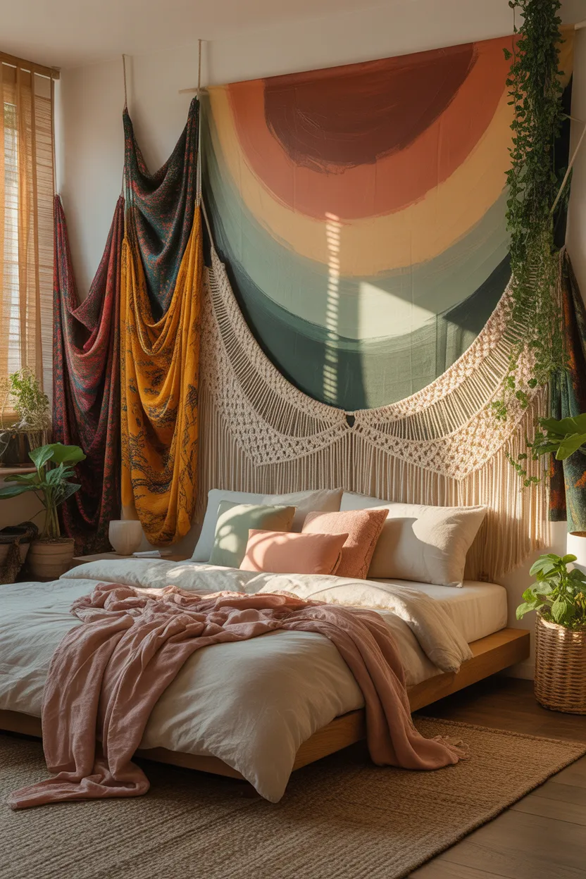 Boho outdoor patio with layered rugs in terracotta and cream geometric patterns, styled with wicker furniture and trailing plants in terracotta pots