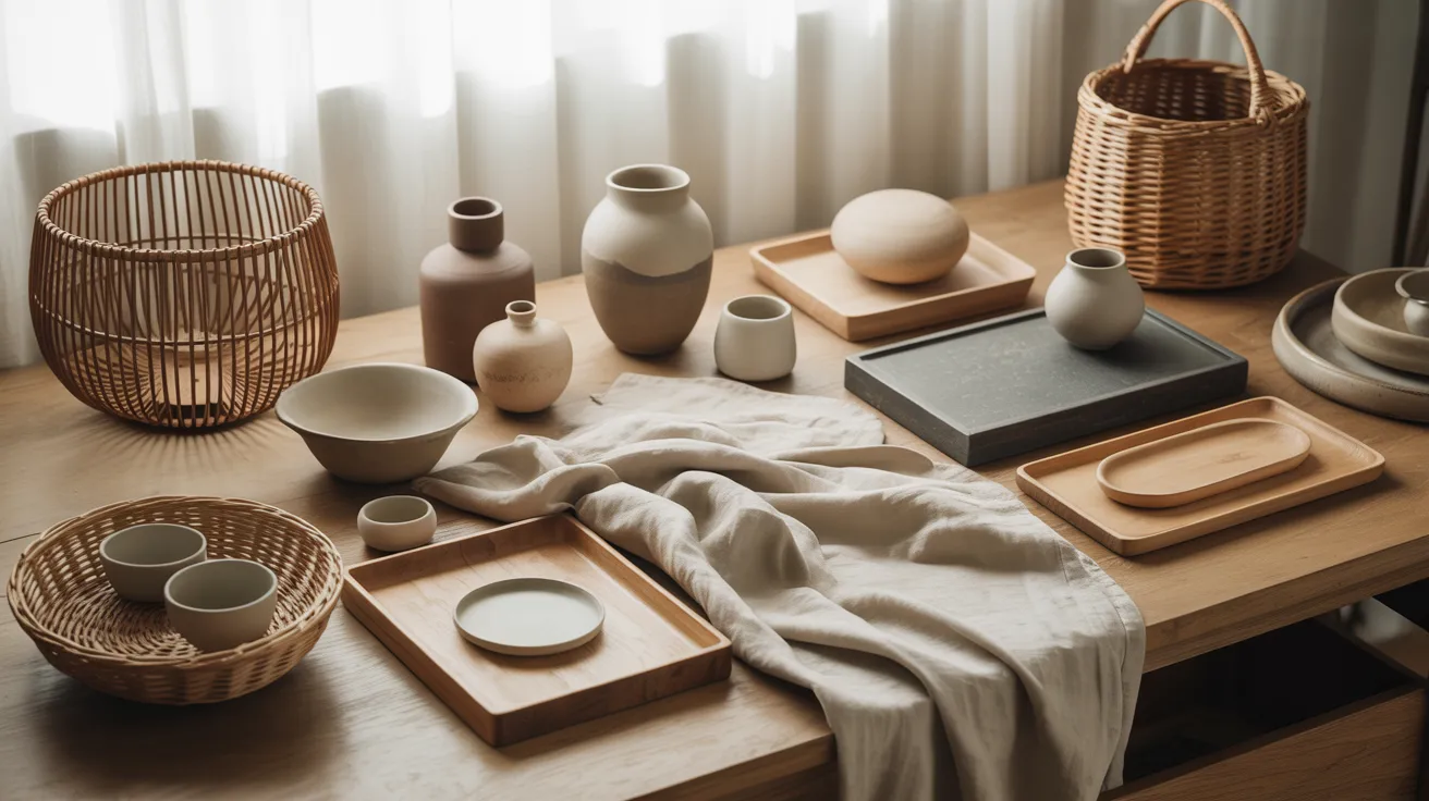 Japandi home featuring dark walnut furniture, warm linen textiles, matte ceramics, and natural greenery in a serene, minimal interior.
