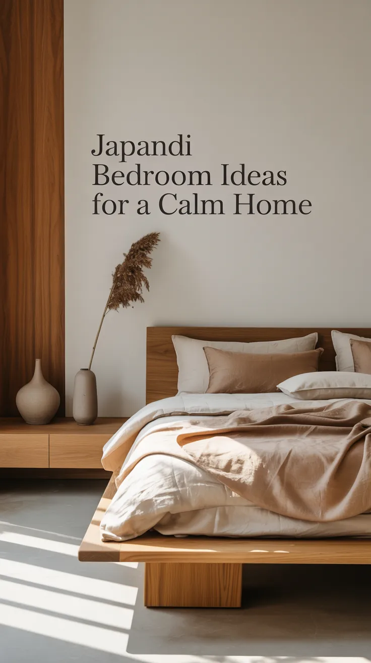 A calm Japandi bedroom with Scandinavian simplicity,  low wood platform bed, soft neutral bedding, sculptural decor, minimal styling, warm oak tones, soft natural light, clean lines, balanced composition, earthy textures, refined peaceful atmosphere, realistic high-end interior photography, serene and intentional, designer-inspired calm bedroom with luxury restraint