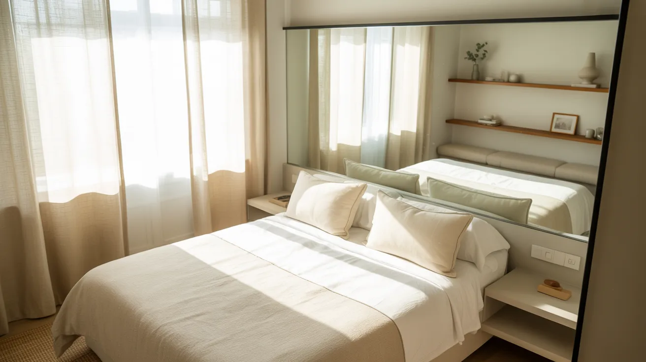 A bright, small bedroom with a large mirror reflecting light and space, airy neutral bedding, slim furniture, soft curtains, elegant and clean styling, a mirror positioned to visually enlarge the room, and refined 