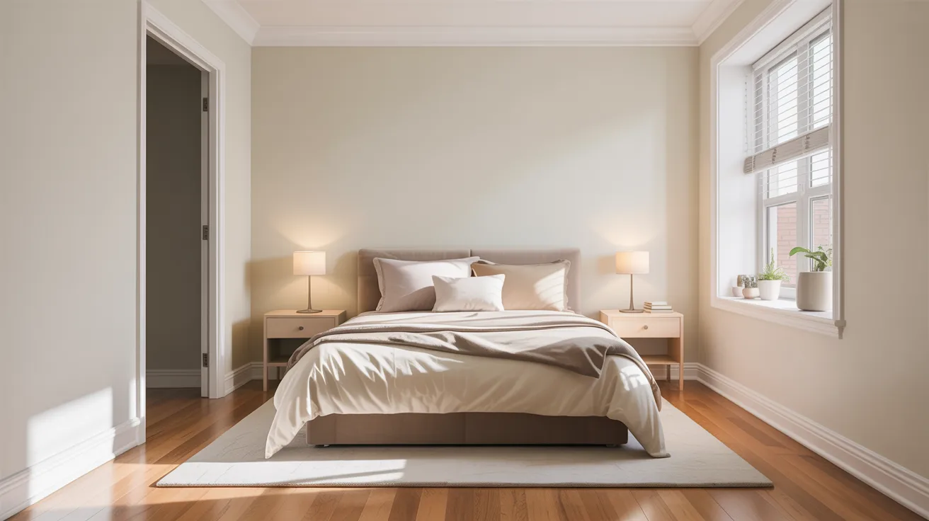 A beautifully arranged small bedroom with a smart functional layout, bed positioned to maximize walking space, slim nightstands, airy design, clean floor space, soft neutral bedding, realistic apartment bedroom styling, bright natural light, polished and intentional interior, compact but spacious feeling