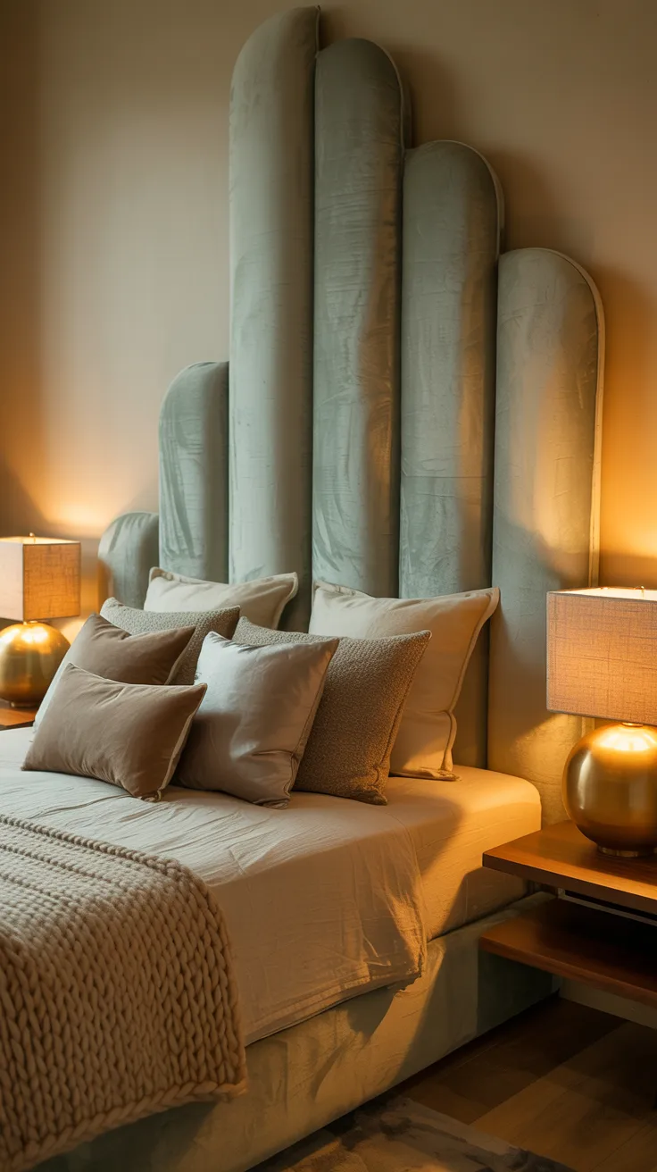 cozy bedroom featuring oversized upholstered headboard, layered neutral bedding, warm lamps, elegant yet inviting aesthetic