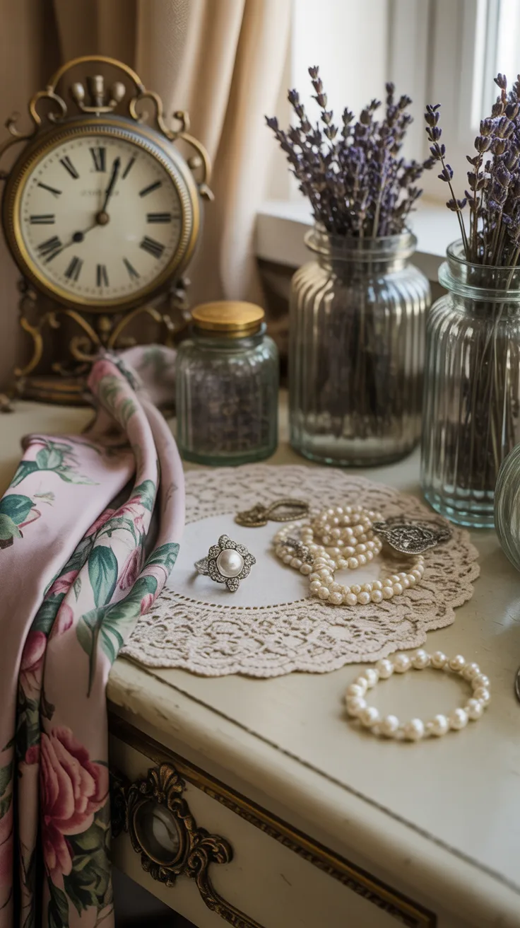Vintage nightstand with dried flowers and cottage accessories