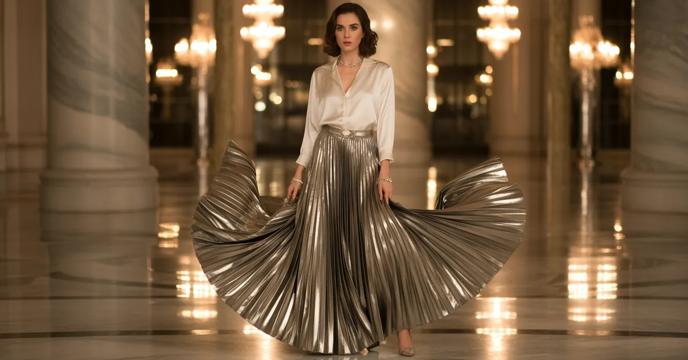 Metallic Pleated Maxi Skirt Set