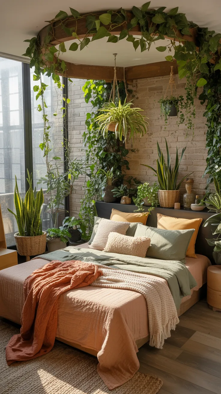  cozy bedroom with lush indoor plants, layered bedding, warm sunlight streaming in, earthy tones, peaceful atmosphere