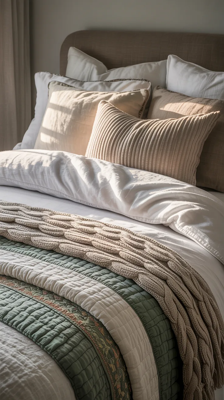 close-up of layered cozy bed styling with crisp sheets, duvet, folded quilt, chunky knit blanket, stacked pillows, soft natural morning light, ultra detailed textures, warm tones