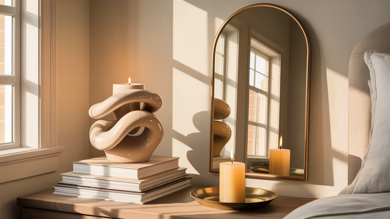 A beautifully styled aesthetic bedroom corner,  sculptural lamp, framed art, candle, stacked books, arched mirror, small decorative tray, clean and elevated styling, warm neutral tones, soft sunlight, realistic interior design photography, minimalist but intentional decor