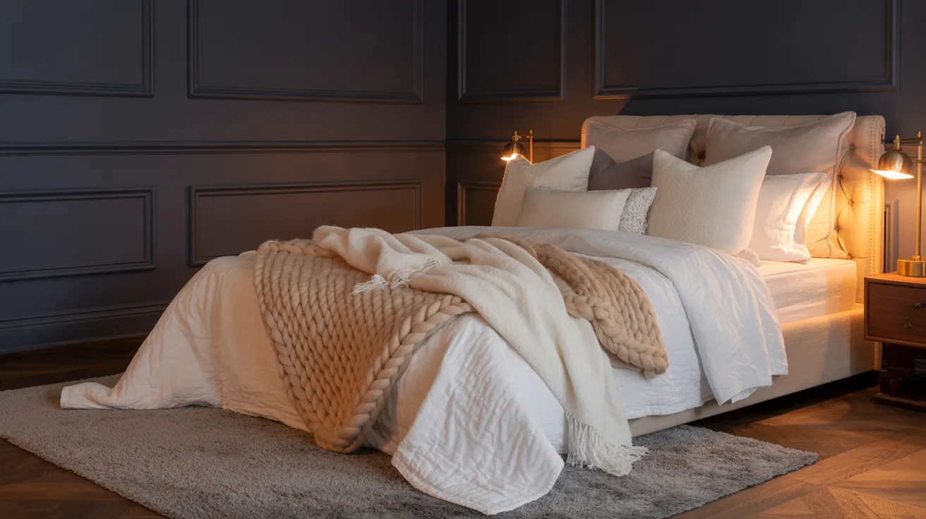 A moody bedroom with dark walls and soft contrasting layers, creamy bedding, textured throw blanket, soft neutral rug, warm bedside lighting, cozy and elegant atmosphere, perfect balance between drama and comfort