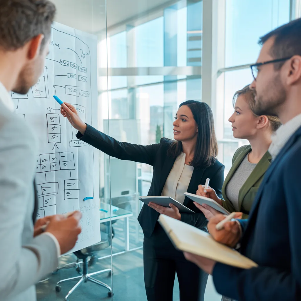 Business team whiteboard analysis