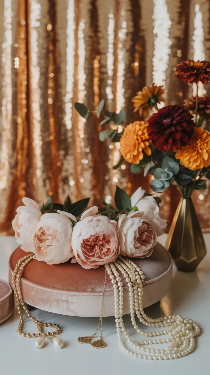 Elegant retro bridal shower photo booth with sequin gold backdrop and flower crown props