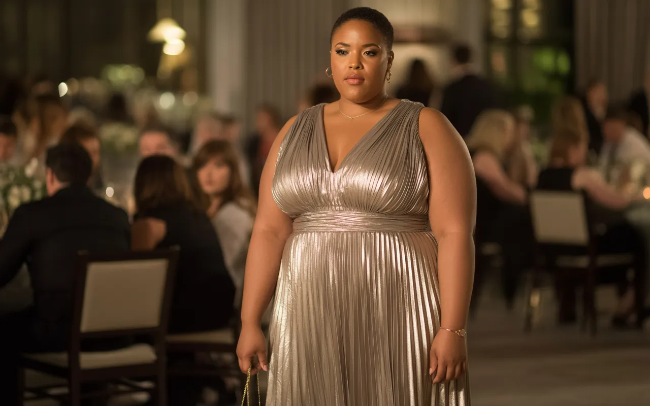 Pleated Metallic Midi Dress