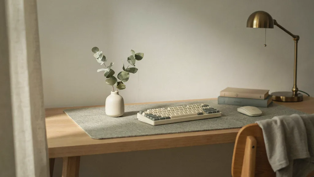 A considered desk in warm afternoon light with a large desk mat, low-profile keyboard, dried eucalyptus in a small vase and a folded tee over the back of a wooden chair