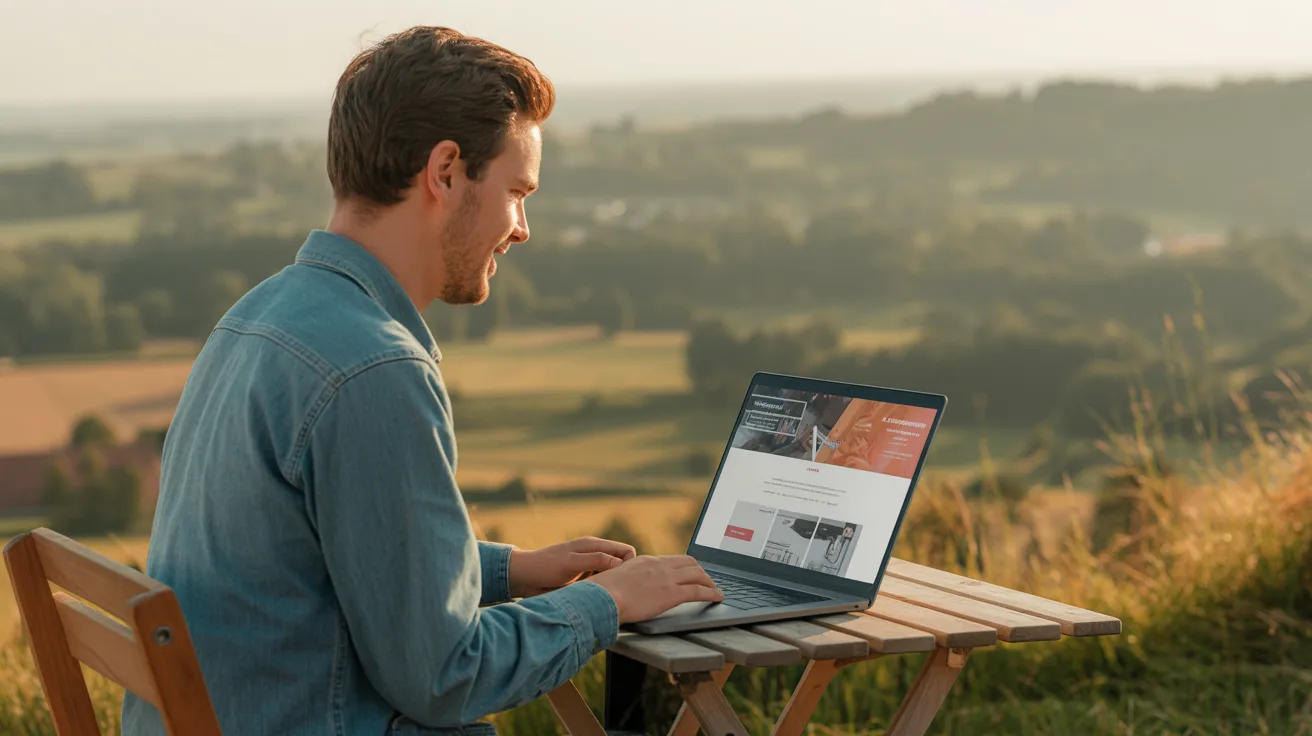 Webdesigner werkt buiten op laptop in de zomer in Limburg - P3Media Beringen