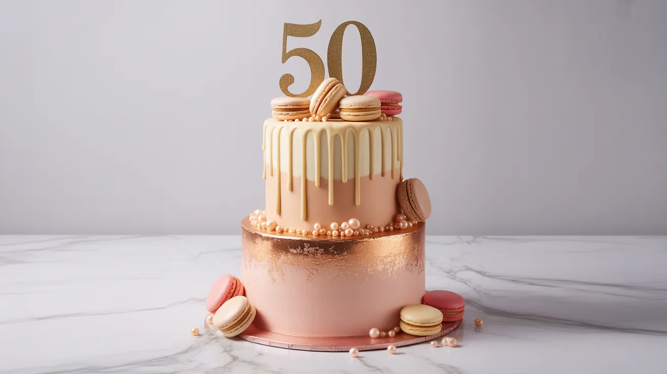 Elegant rose gold ombre birthday cake with drip and gold 50 topper on white marble