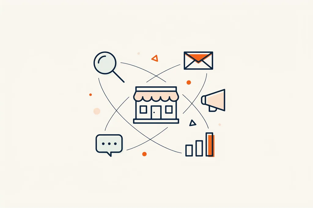 Illustration of a storefront at the center of connected marketing channels orbiting around it