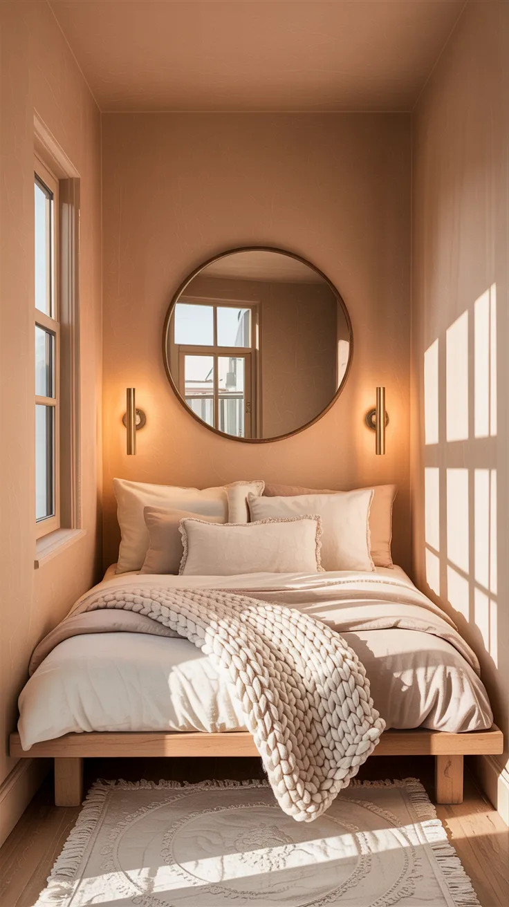 A tiny cozy bedroom with warm beige walls, a low platform bed with layered cream bedding, wall-mounted sconces instead of lamps, a large round mirror reflecting soft morning light, minimal decor, textured throw blanket, soft natural light streaming in, realistic photography, airy but warm, ultra detailed.