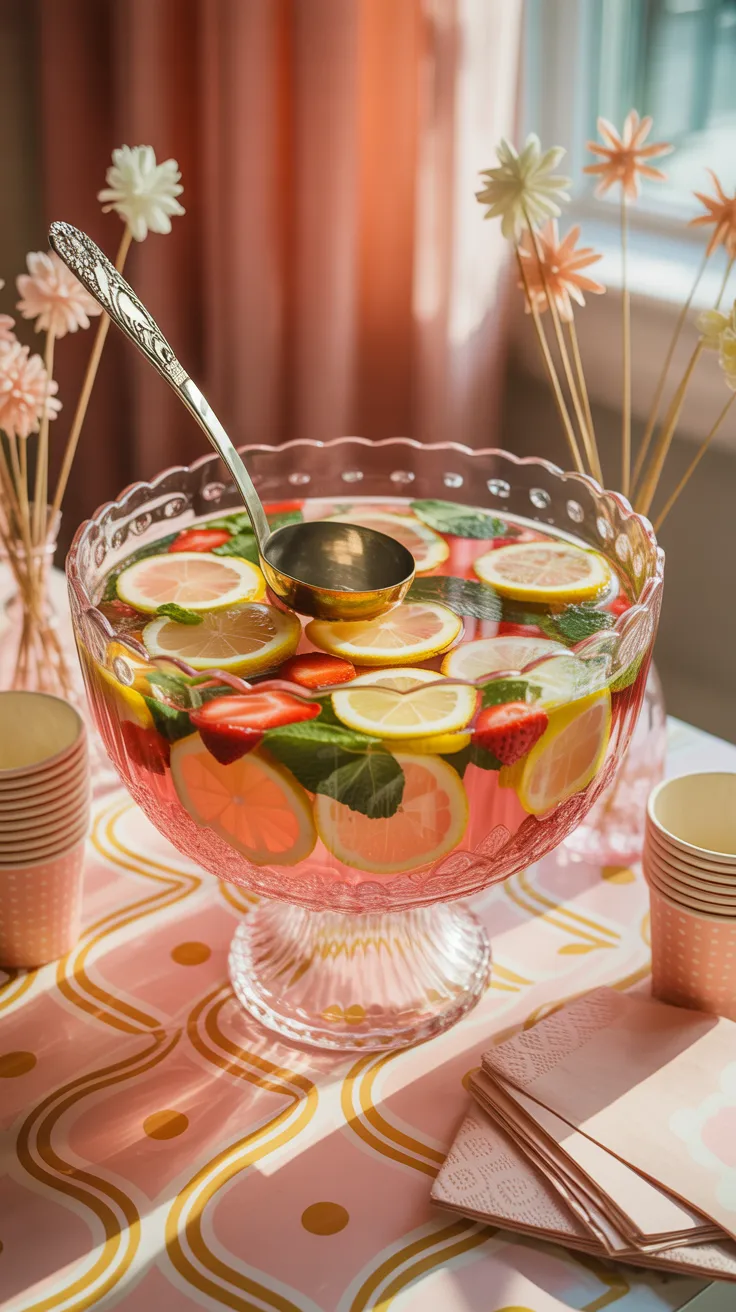 Retro bachelorette party punch bowl with pink lemonade and vintage glassware