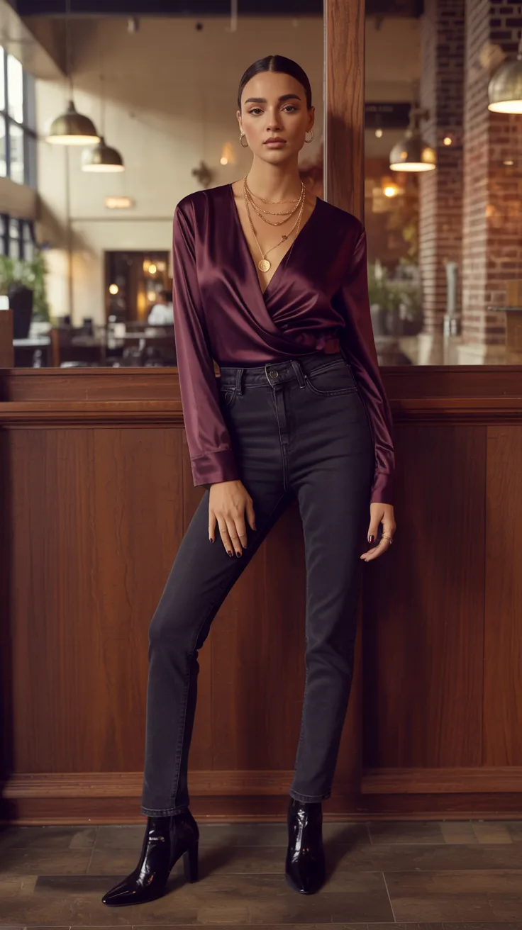 Woman wearing satin wrap top in deep wine color with dark wash jeans in warm-toned cafe