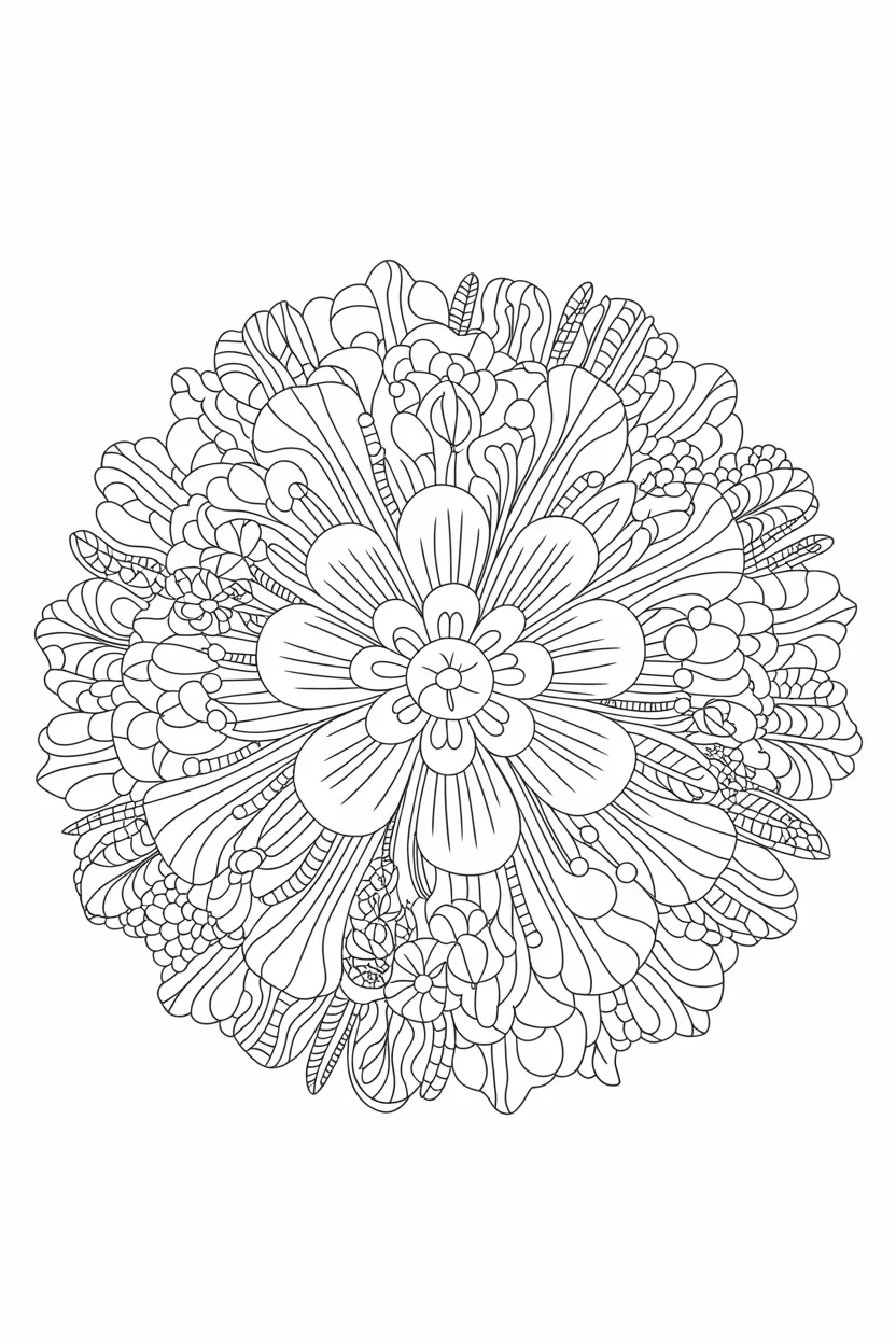 5 circular flower mandala, stress-relief coloring page free printable