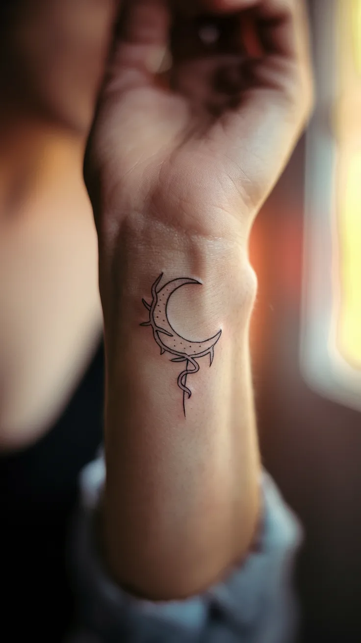 Extreme macro close-up of a crescent moon tattoo wrapped in a thin thorn vine on a woman's inner wrist. The moon is fine black linework, the thorns are tiny and delicate. Soft, warm window light. Romantic and edgy.