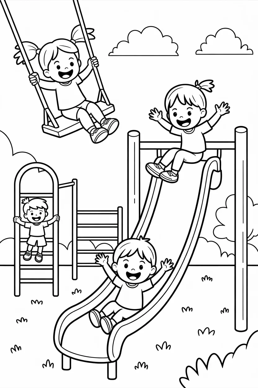 5 Kids playing scene coloring pages free printable