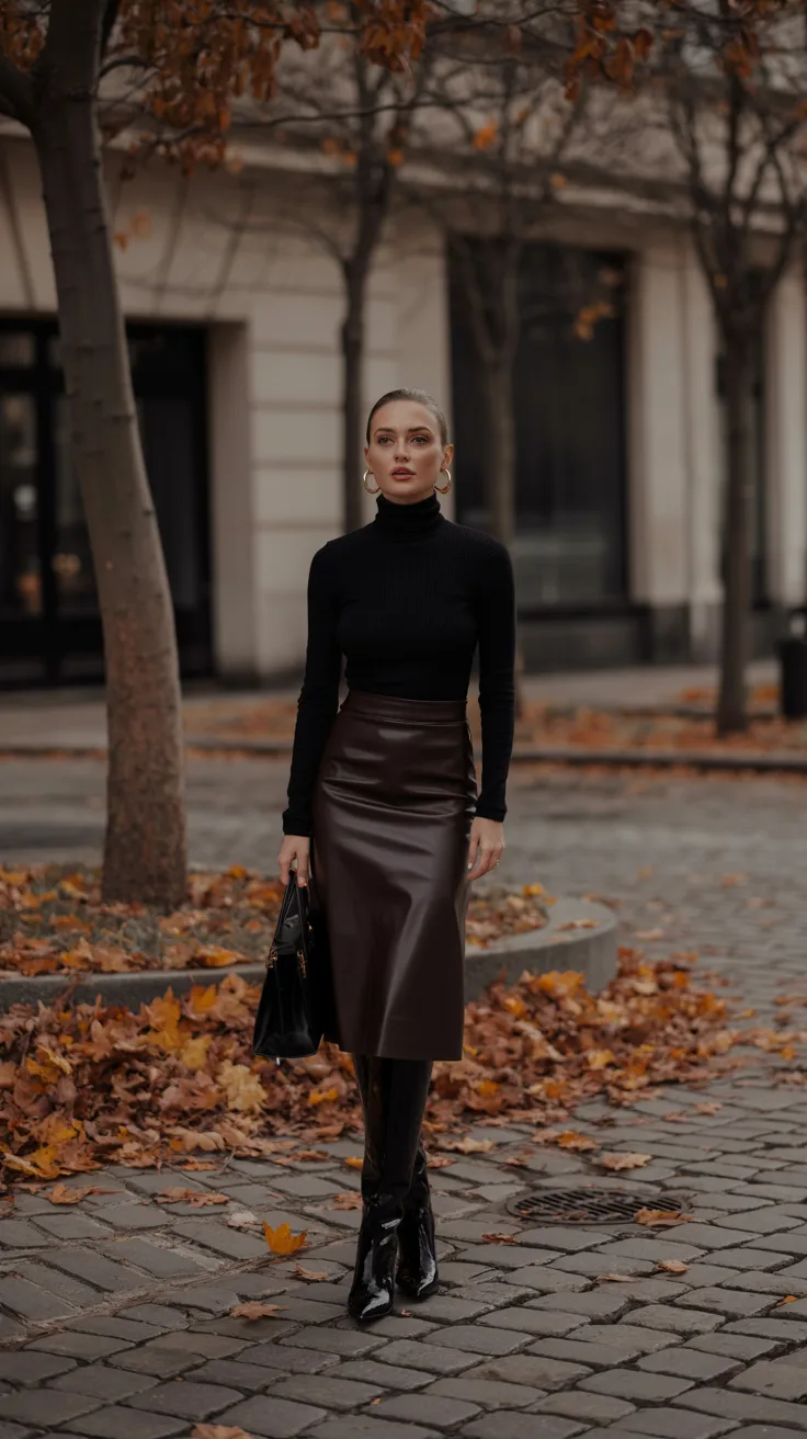 Woman in black turtleneck tucked into leather midi skirt with knee-high boots on autumn city street