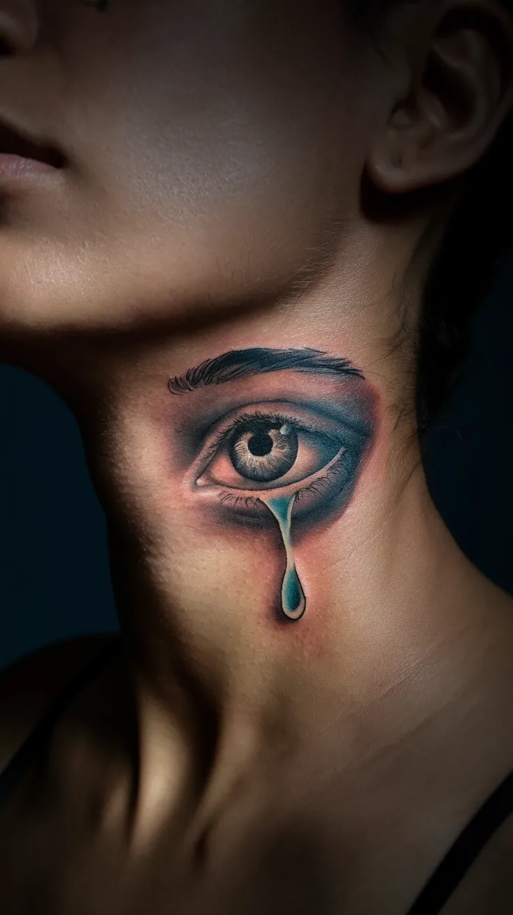 Close-up of a realistic weeping eye tattoo on the side of a woman's neck, with a single detailed tear falling. The eye is soft and expressive. Moody, artistic lighting with deep shadows. Emotional and beautiful.