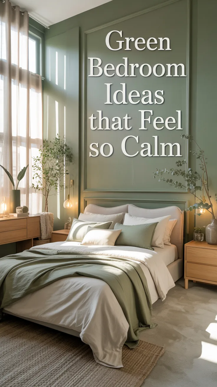 A serene green bedroom with calming sage and olive tones,  soft layered bedding, painted accent wall in muted green, natural oak furniture, warm brass lighting, botanical accents, textured neutral rug, airy curtains, peaceful natural light streaming in, fresh and grounded atmosphere, ultra realistic interior photography, cozy elegant styling, modern earthy decor.