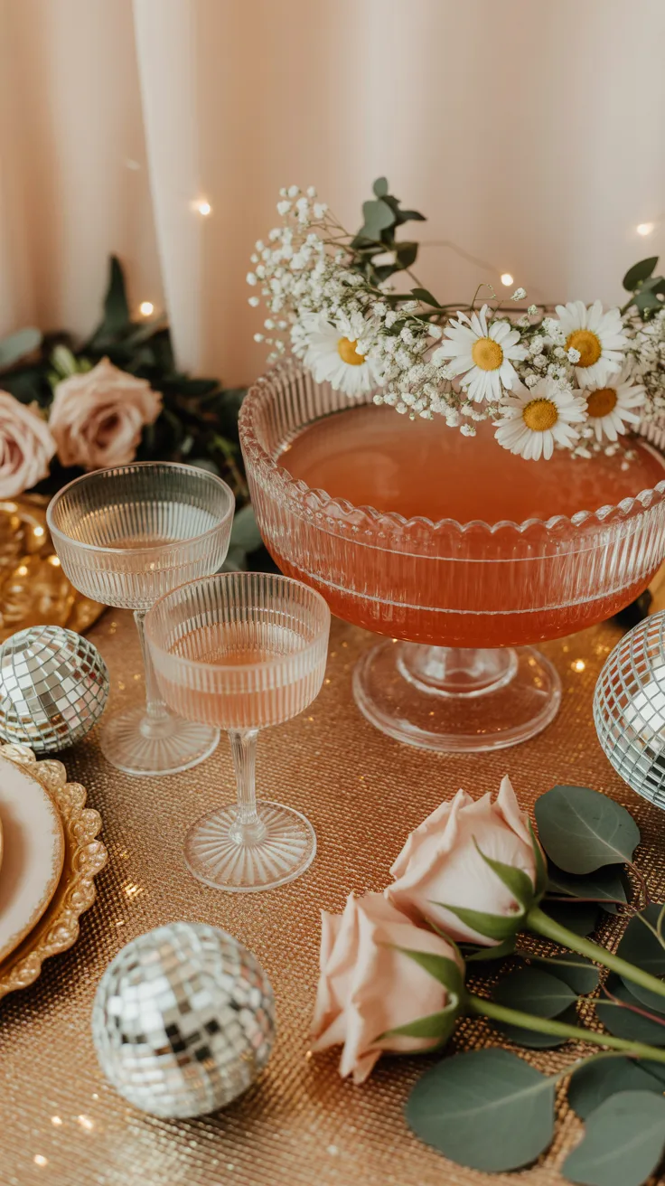 Retro 70s bridal shower flat lay with vintage punch bowl, coupe glasses, and mini disco balls