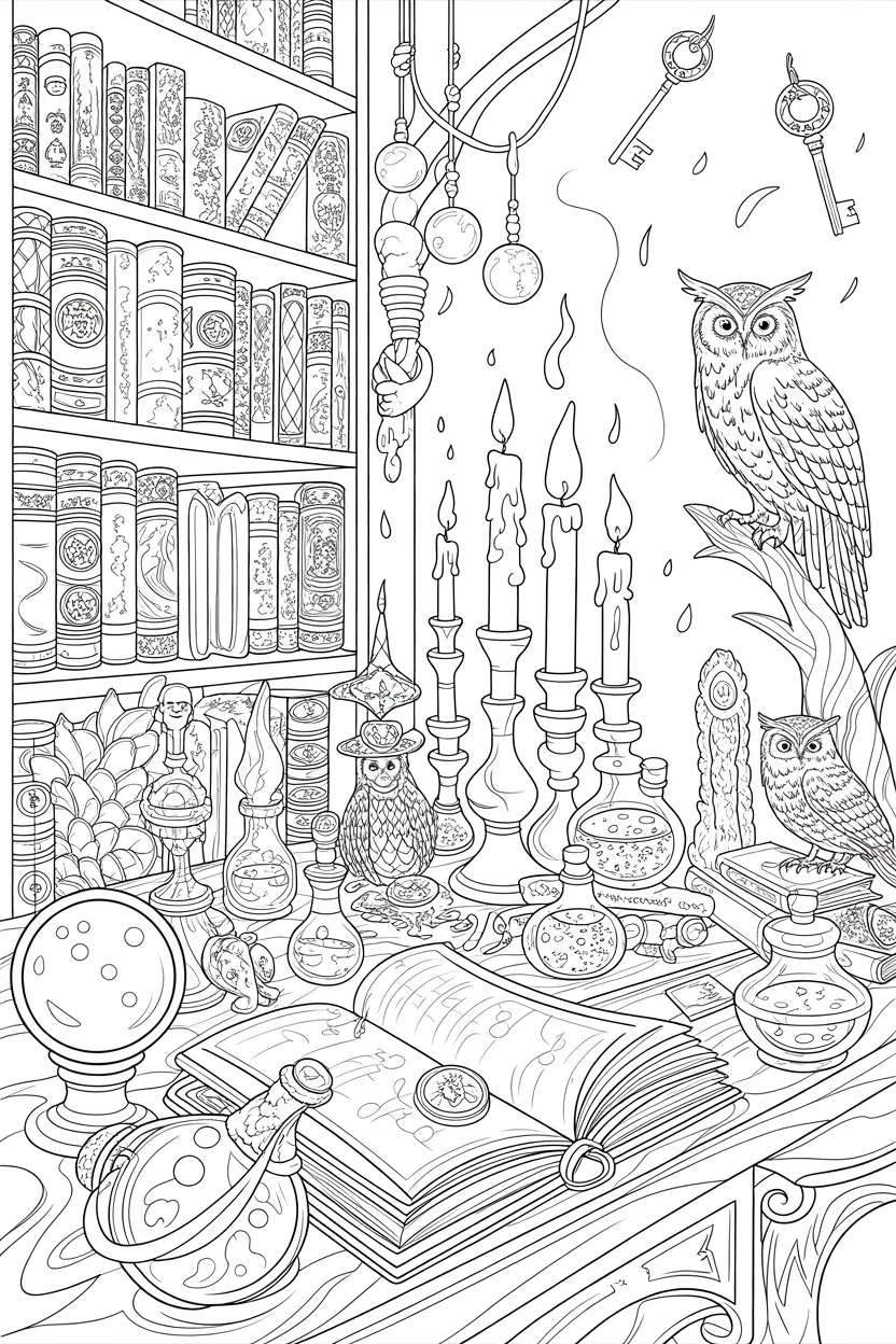 magical wizard study coloring pages