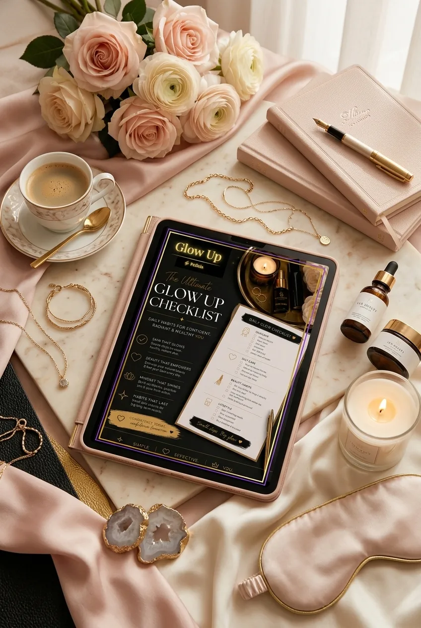 Luxury flat lay featuring The Ultimate Glow Up Checklist digital planner on a tablet surrounded by blush roses, candles, gold accessories, coffee, and feminine self-care aesthetic elements.