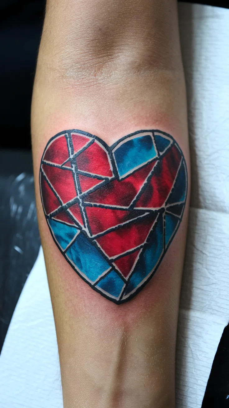 Extreme close-up of a stained glass heart tattoo on a woman's outer forearm, with deep red and blue segments separated by bold black lines. Bright, sharp light making colors vibrant.